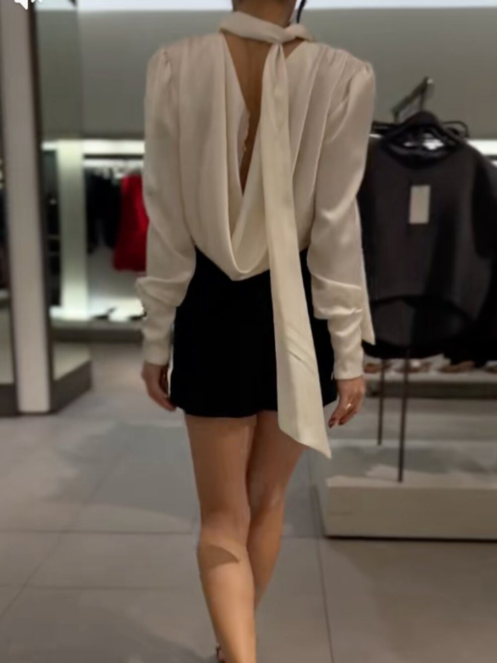Zara Ivory Satin Blouse with Open Back • Integrated Scarf & Zip • Size M • NWT